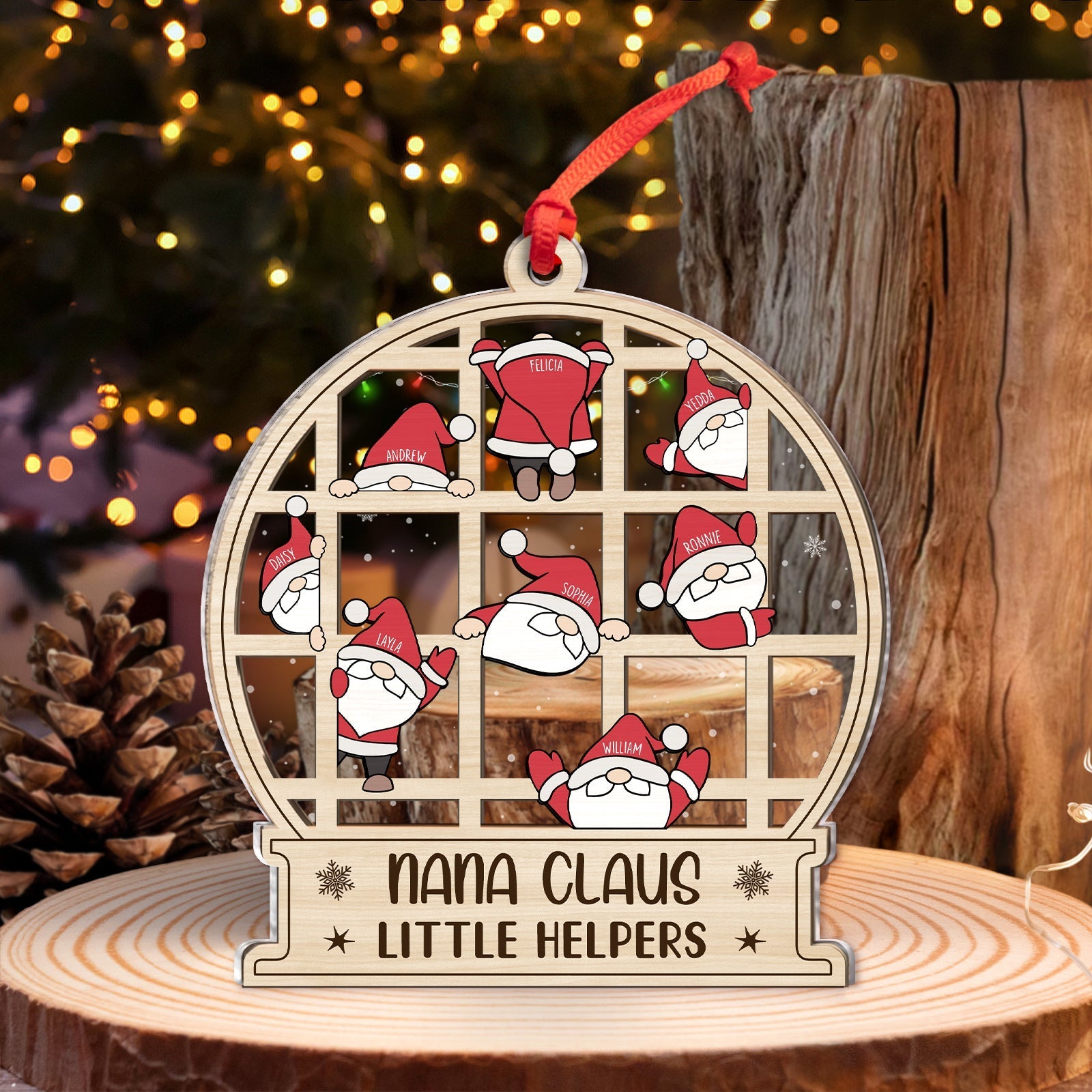 365Gifty personalized family Christmas ornament Nana Claus Little Helpers with Santa figurines and red hanging ribbon