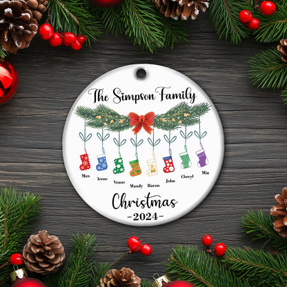 Personalized family Christmas ornament with custom names and colorful stocking decorations for 2024