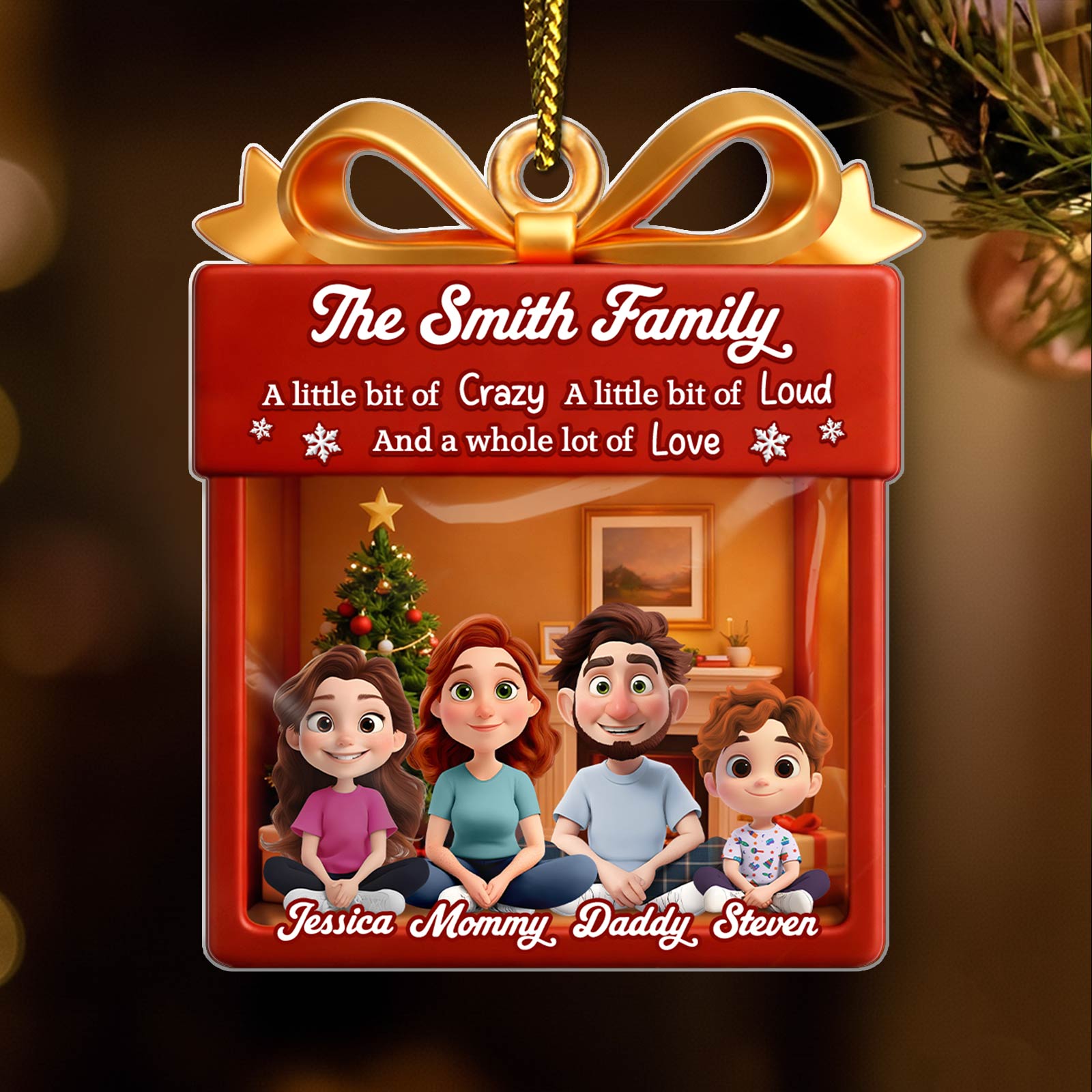 Personalized family Christmas ornament featuring the Smith family in a cozy holiday setting