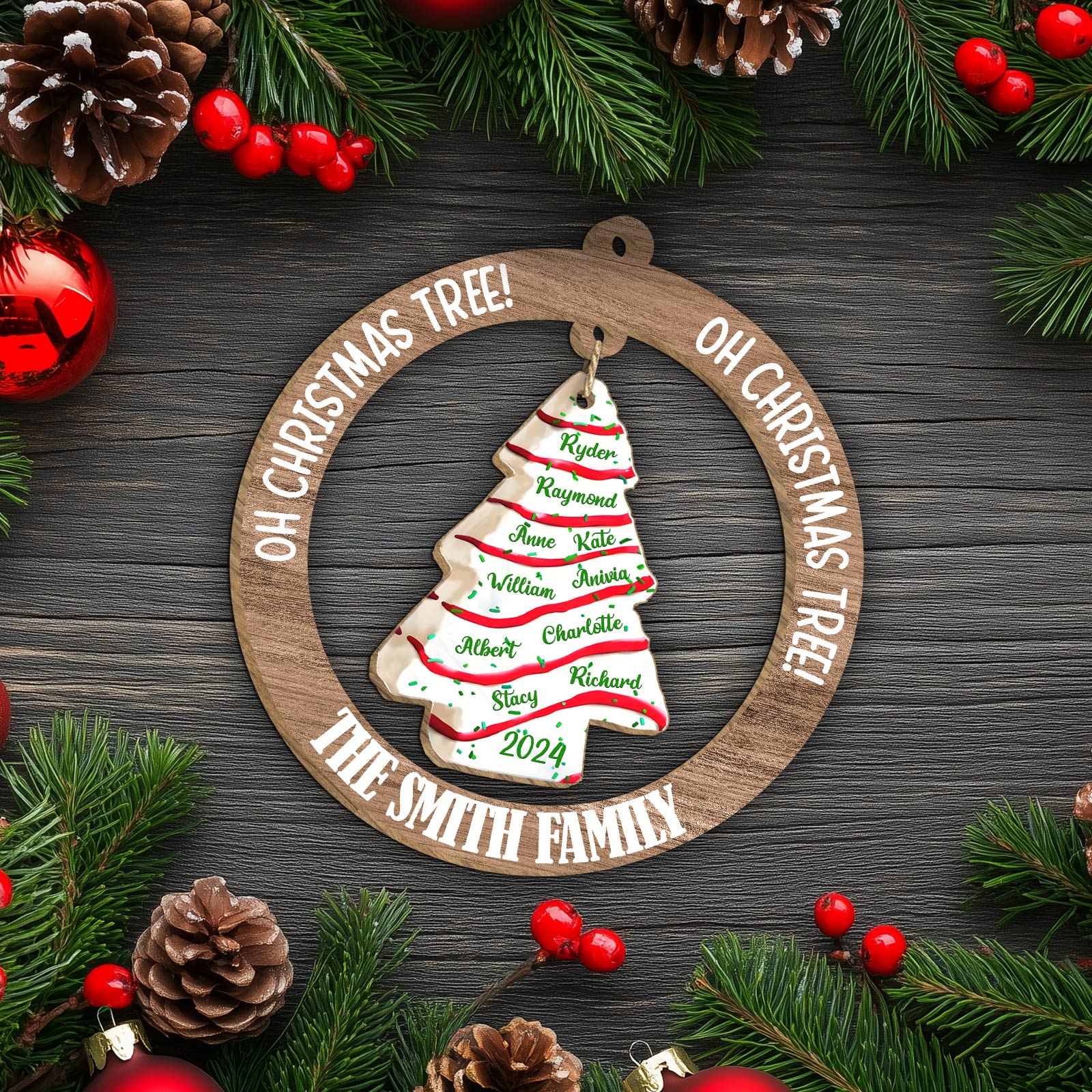 Personalized family Christmas ornament with wooden ring and ceramic tree featuring family names and year 2024