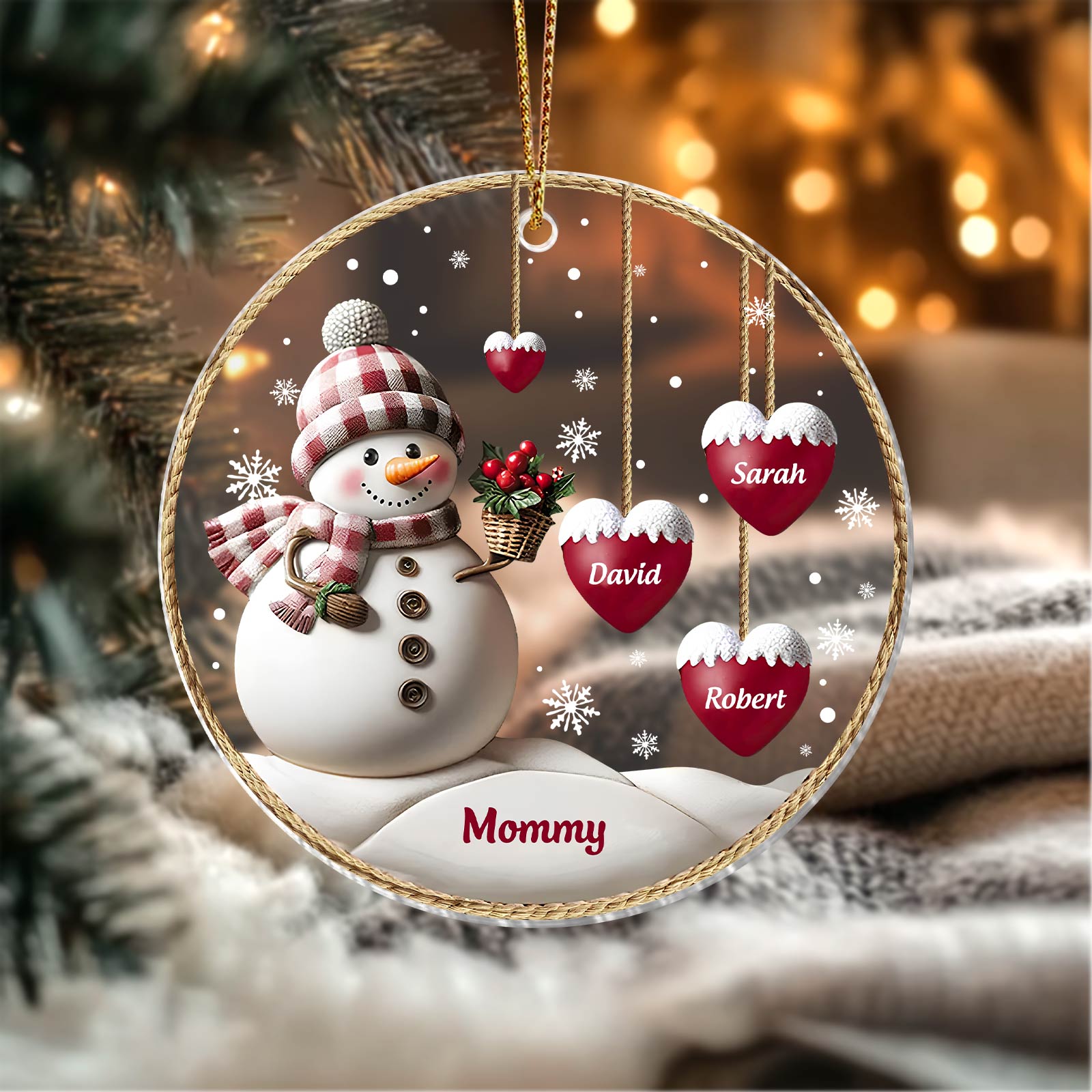 365Gifty personalized family Christmas ornament with snowman and heart-shaped name tags Sarah David Robert