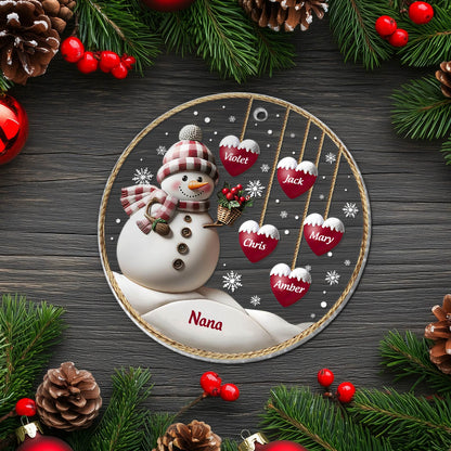 Personalized family Christmas ornament with snowman and heart-shaped name tags in festive holiday design