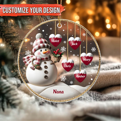 365Gifty personalized family Christmas ornament with snowman and heart-shaped name tags in red and white