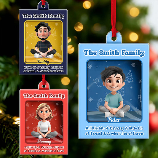 Personalized family Christmas ornament featuring the Smith family characters in festive colors