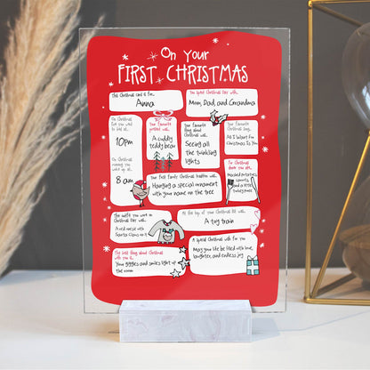 Personalized family Christmas plaque in red celebrating first Christmas with custom names and messages