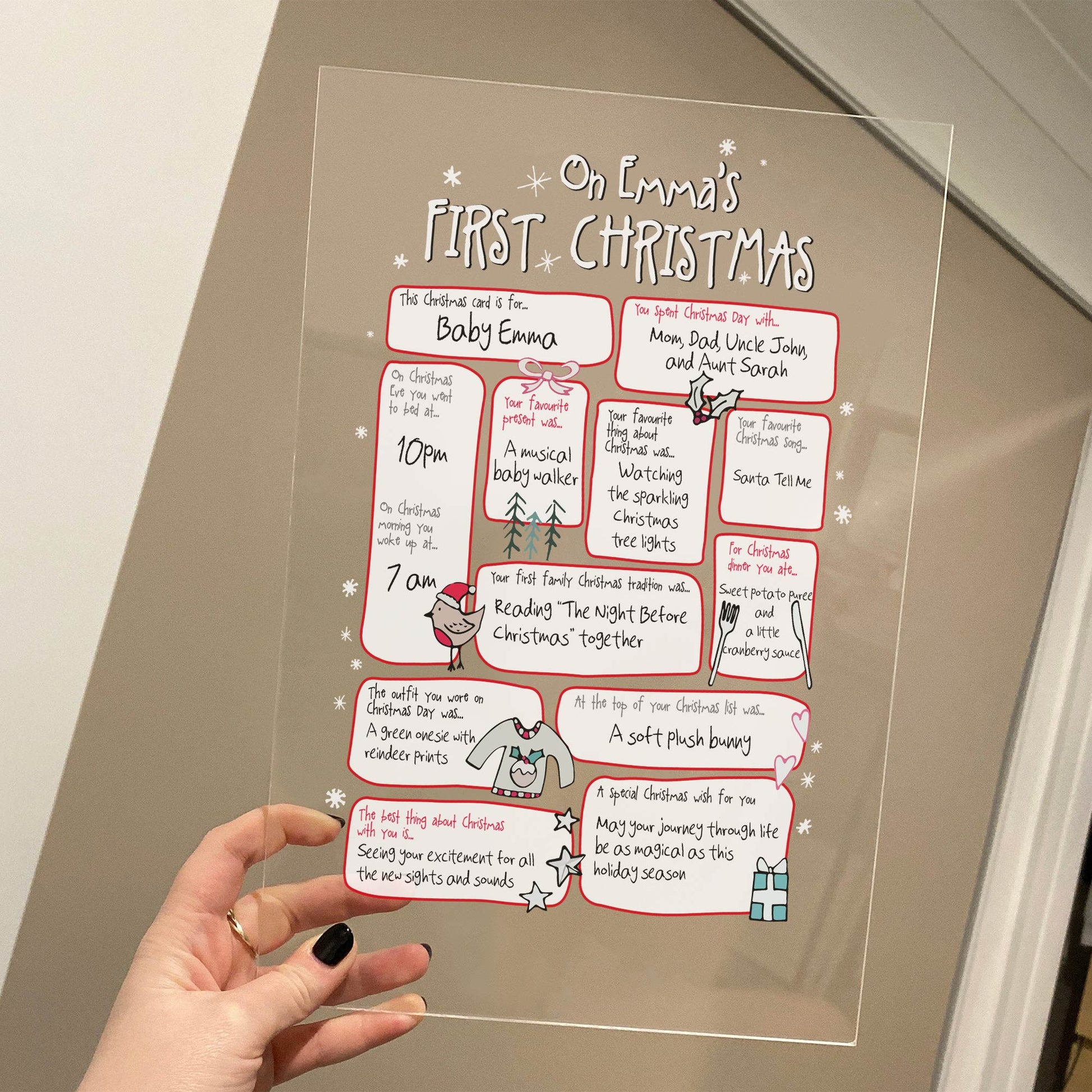 Personalized family Christmas plaque for baby Emma's first Christmas with festive illustrations and custom messages