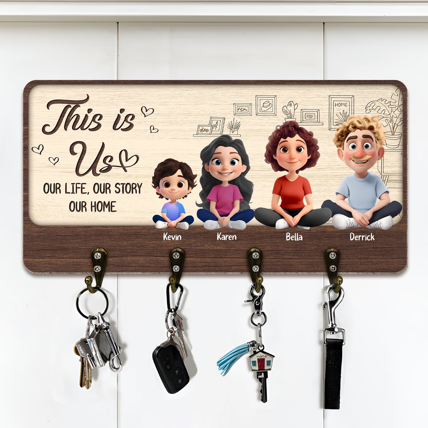 Personalized family key holder showcasing cartoon family members with hooks for keys