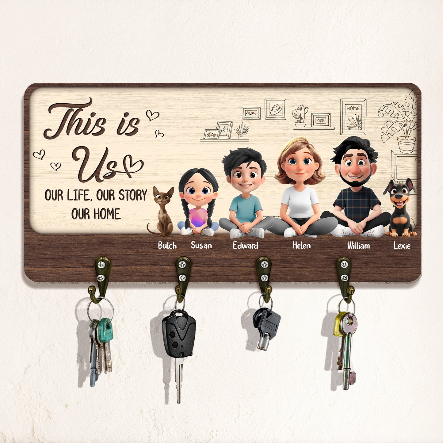 Personalized family key holder featuring cartoon family characters and key hooks for home organization