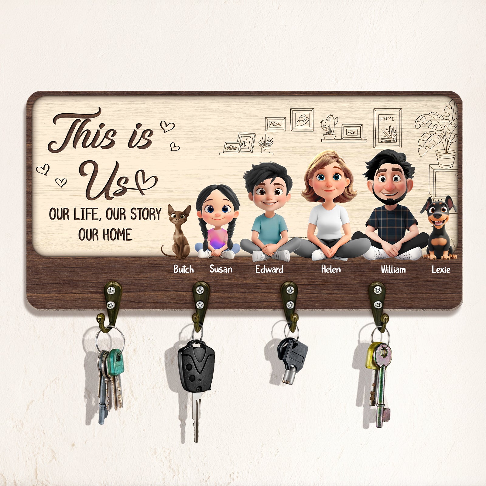 Personalized family key holder featuring cartoon family characters and key hooks for home organization