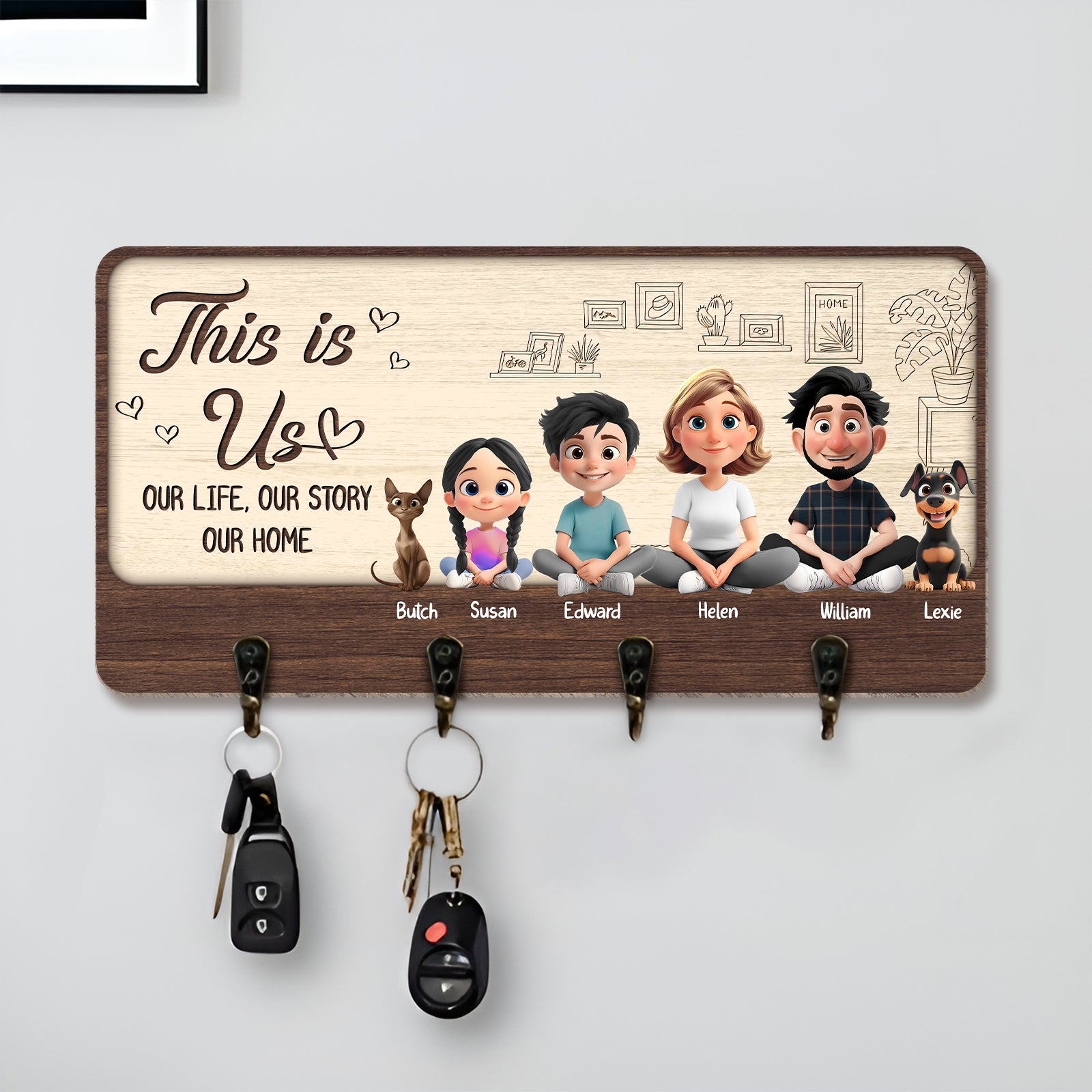 Personalized family key holder with cartoon characters and hooks for keys and accessories