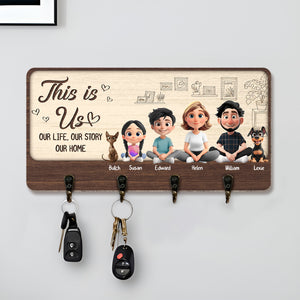 Personalized family key holder with cartoon characters and hooks for keys and accessories