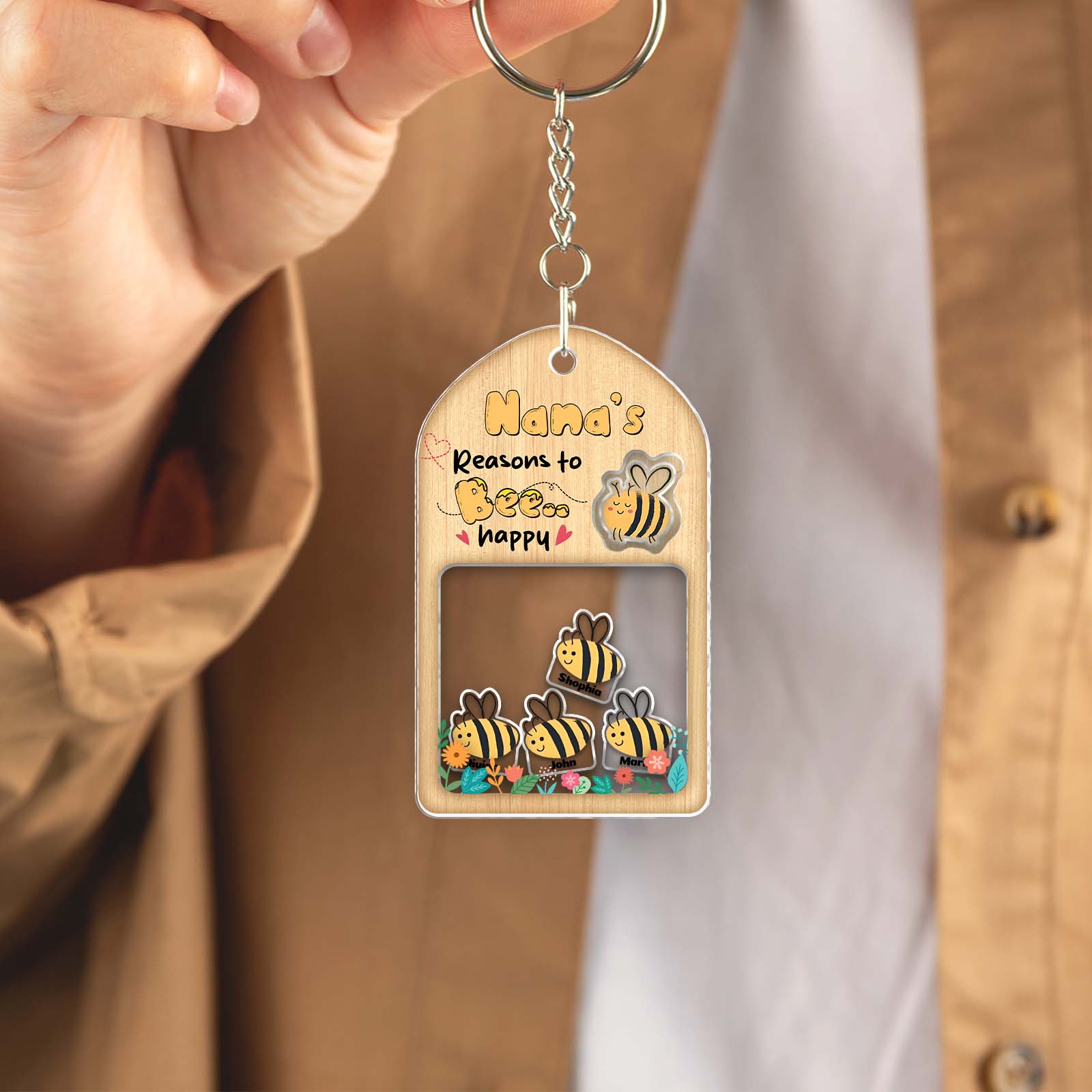 Personalized family keychain with a bee theme and cheerful design for a loving gift