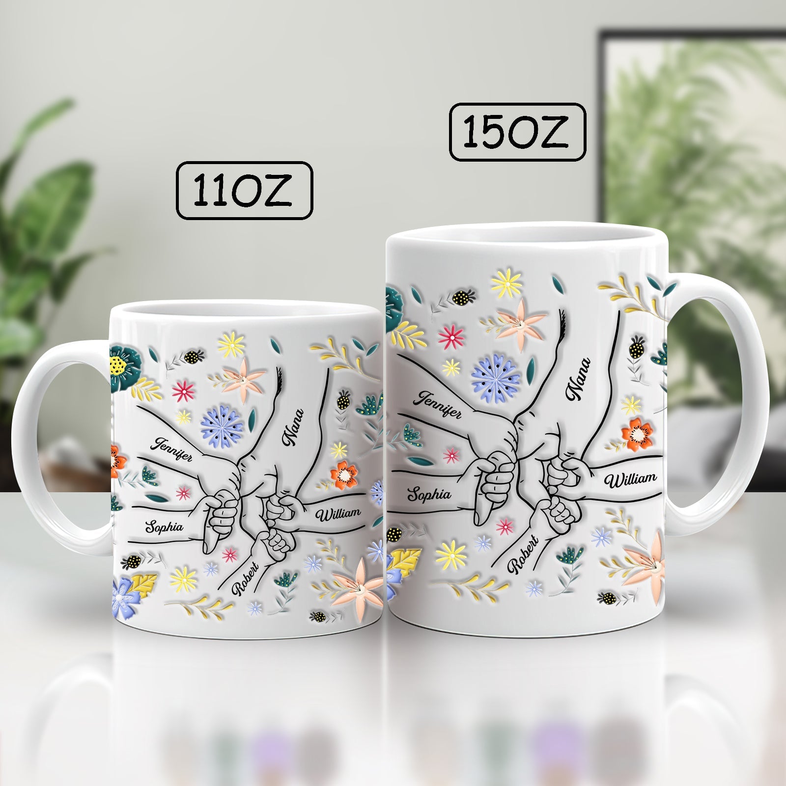 Personalized family mug featuring floral designs and names on a beautifully crafted ceramic mug