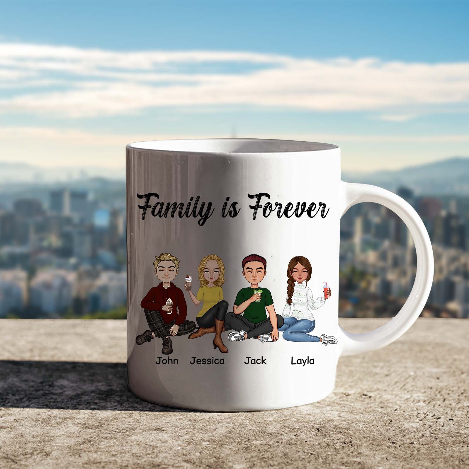 Personalized family mug featuring cartoon family members with names John, Jessica, Jack, and Layla