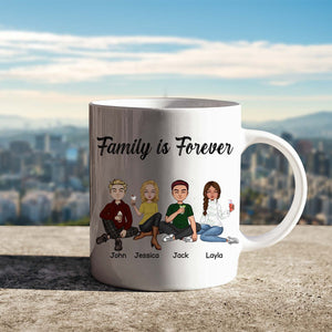 Personalized family mug featuring cartoon family members with names John, Jessica, Jack, and Layla
