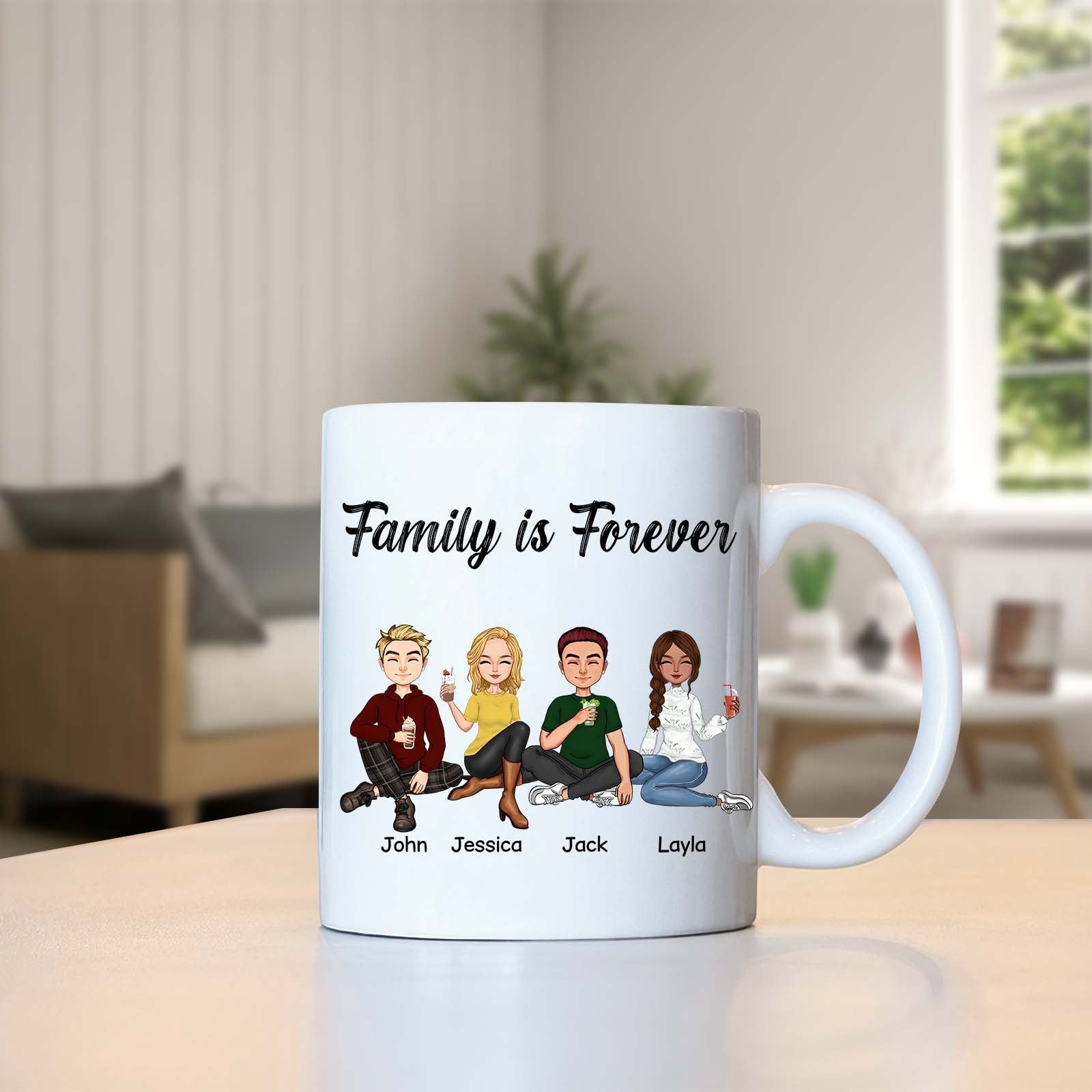 Personalized family mug featuring cartoon characters with the phrase Family is Forever