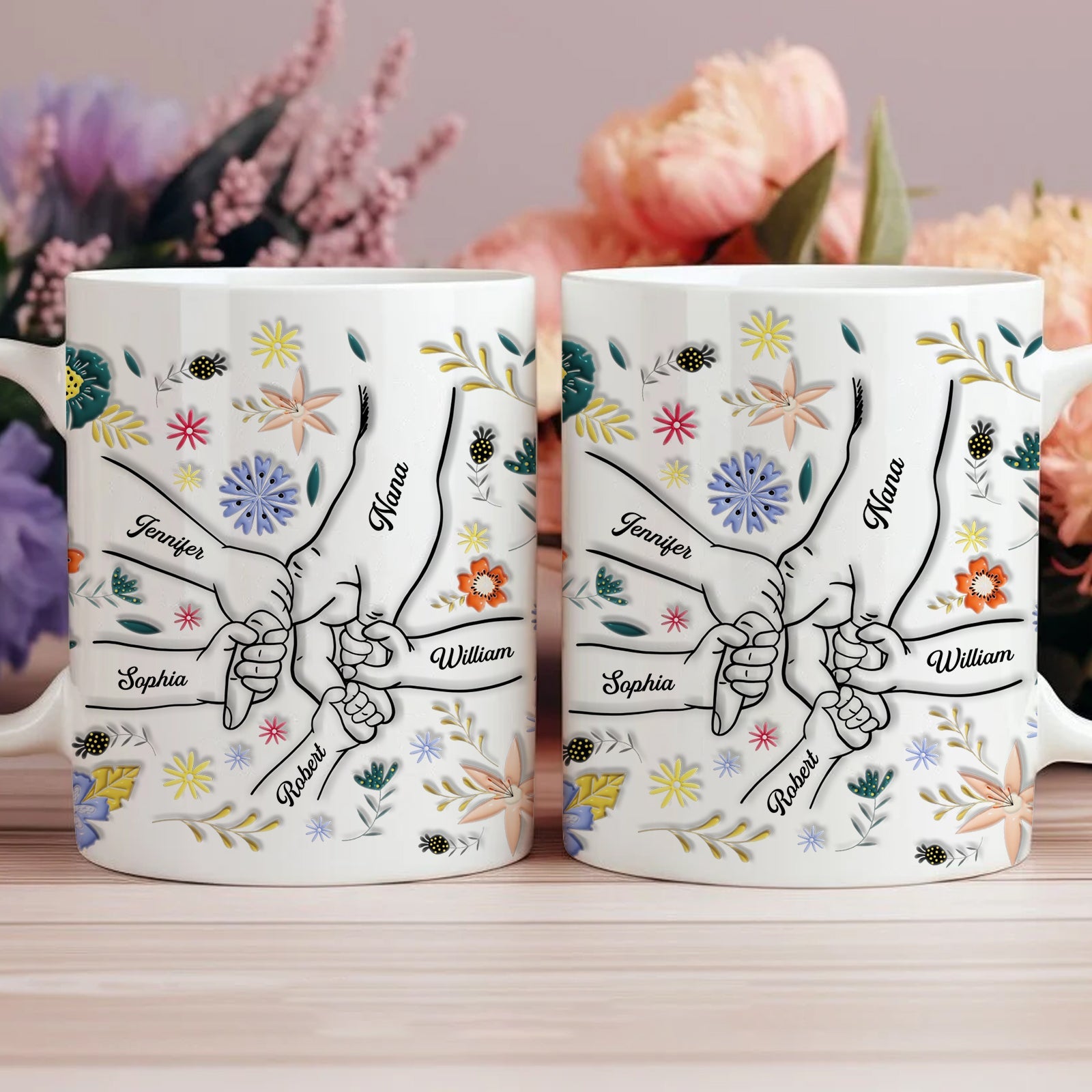 Personalized family mug featuring floral designs and names on a white background for family gatherings