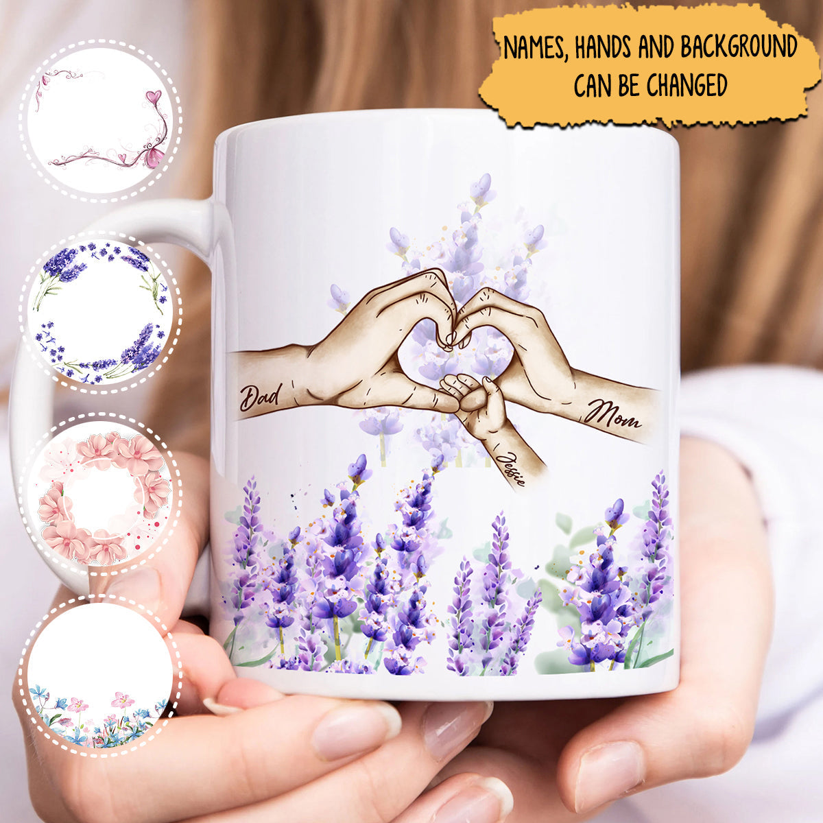 Personalized family mug featuring hands forming a heart with customizable names and floral design