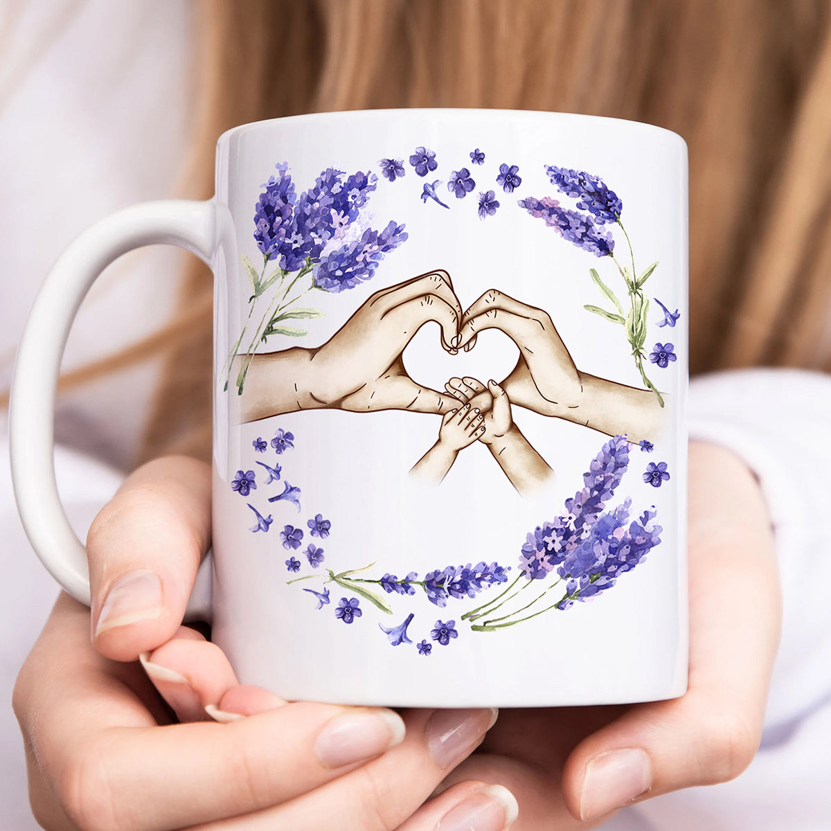 Personalized family mug featuring hands forming a heart surrounded by lavender flowers for a unique gift