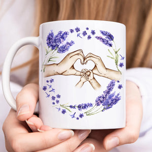Personalized family mug featuring hands forming a heart surrounded by lavender flowers for a unique gift