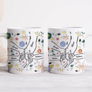 Personalized family mug featuring illustrated hands and floral designs with names