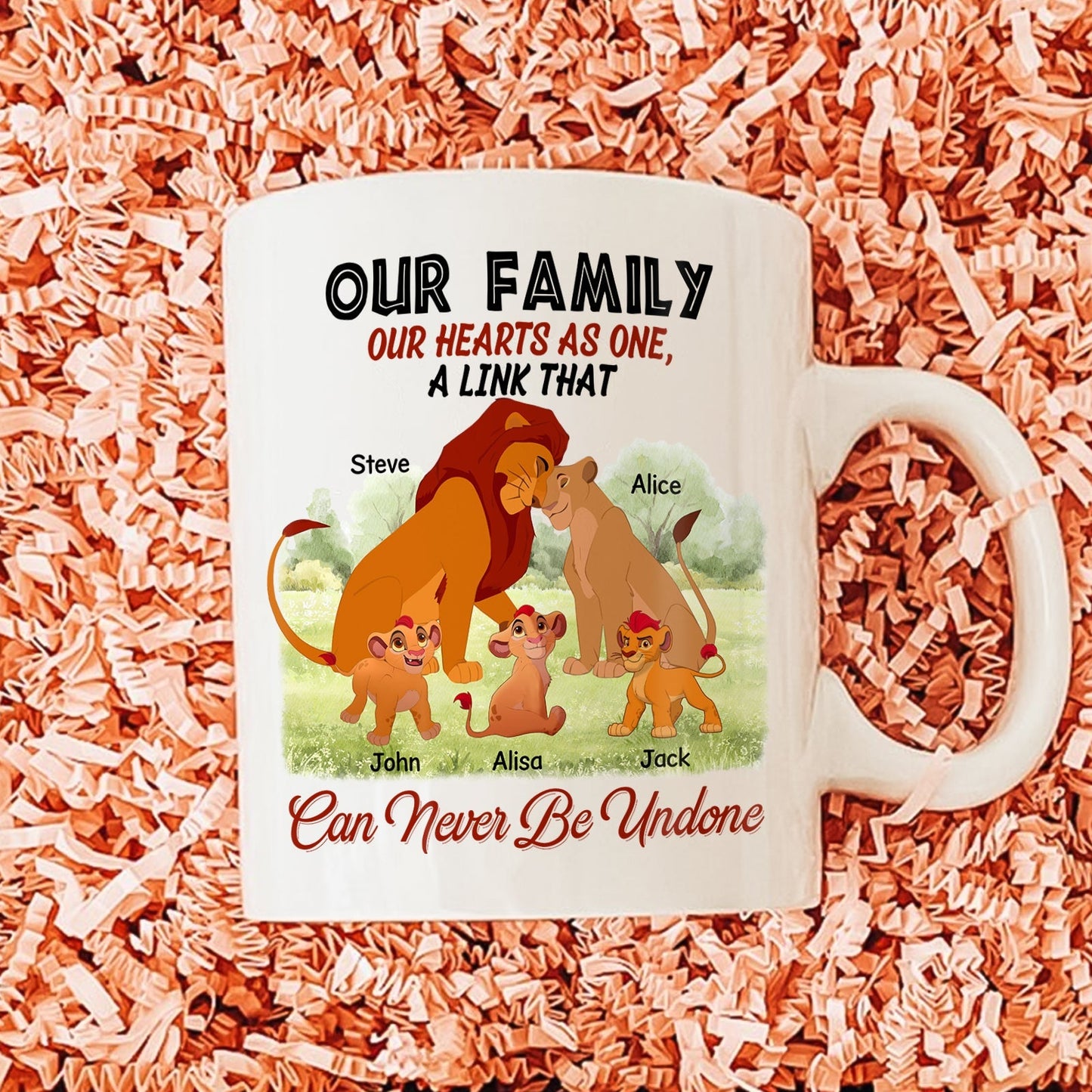 Personalized family mug featuring cartoon lions and space for family member names