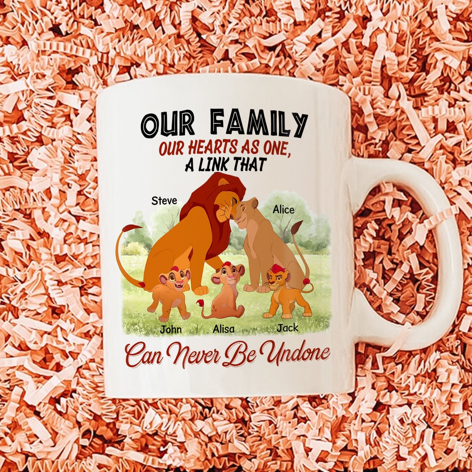 Personalized family mug featuring cartoon lions and space for family member names