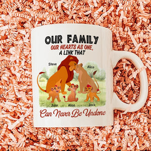 Personalized family mug featuring cartoon lions and space for family member names