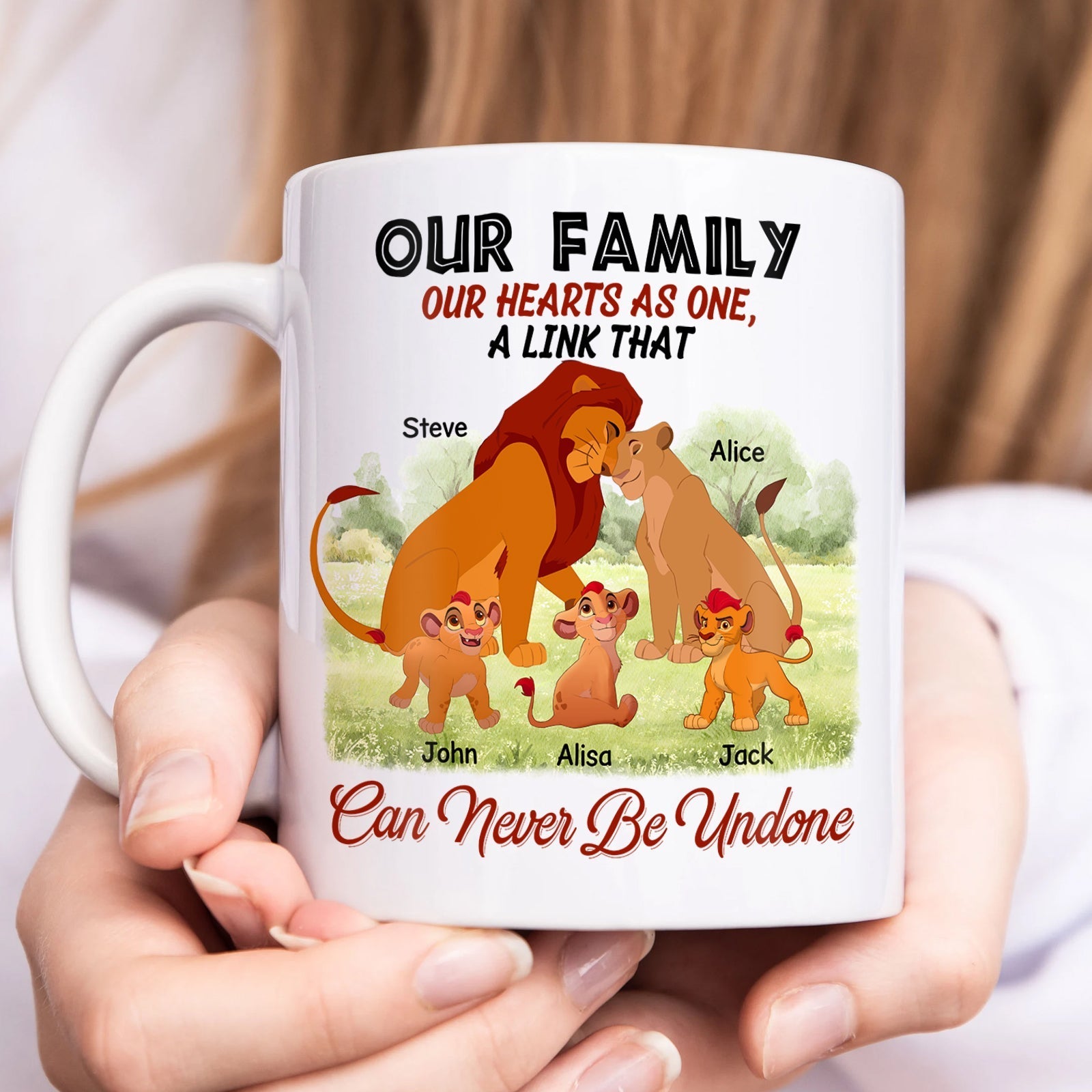 Personalized family mug featuring a heartfelt design with names and lion characters for family bonding