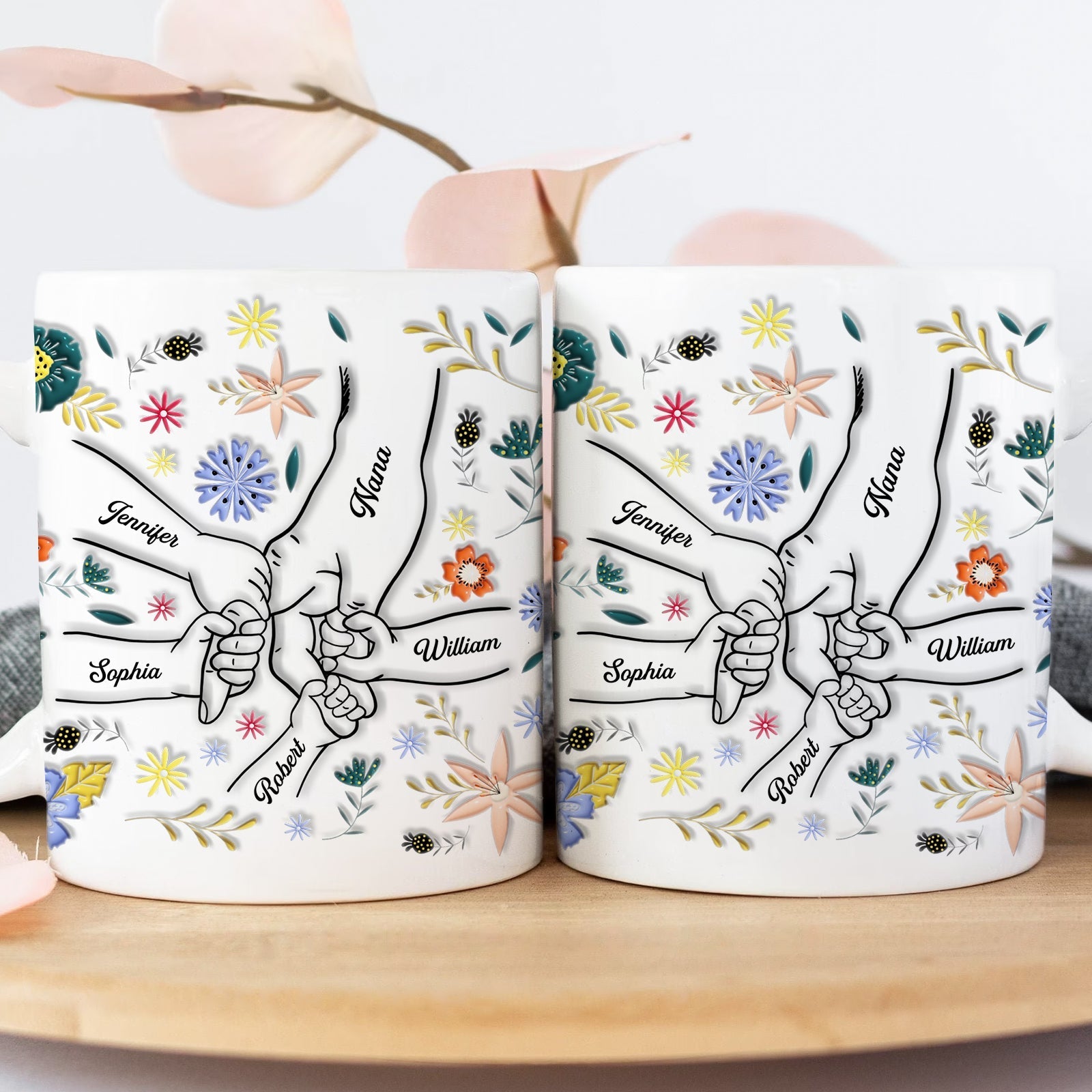 Personalized family mug featuring illustrated hands and floral designs with names of family members