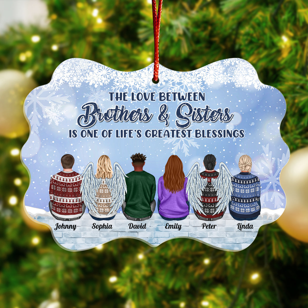 Personalized family ornament with brothers and sisters sitting and winter snowflake design