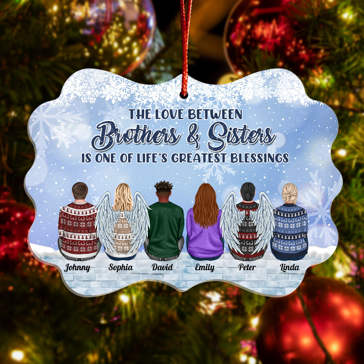 365Gifty personalized family ornament with six siblings and angel wings hanging on Christmas tree
