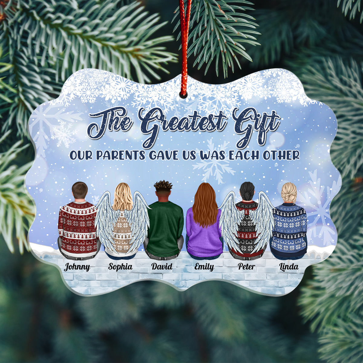 365Gifty personalized family ornament with custom names and angel wings on winter background