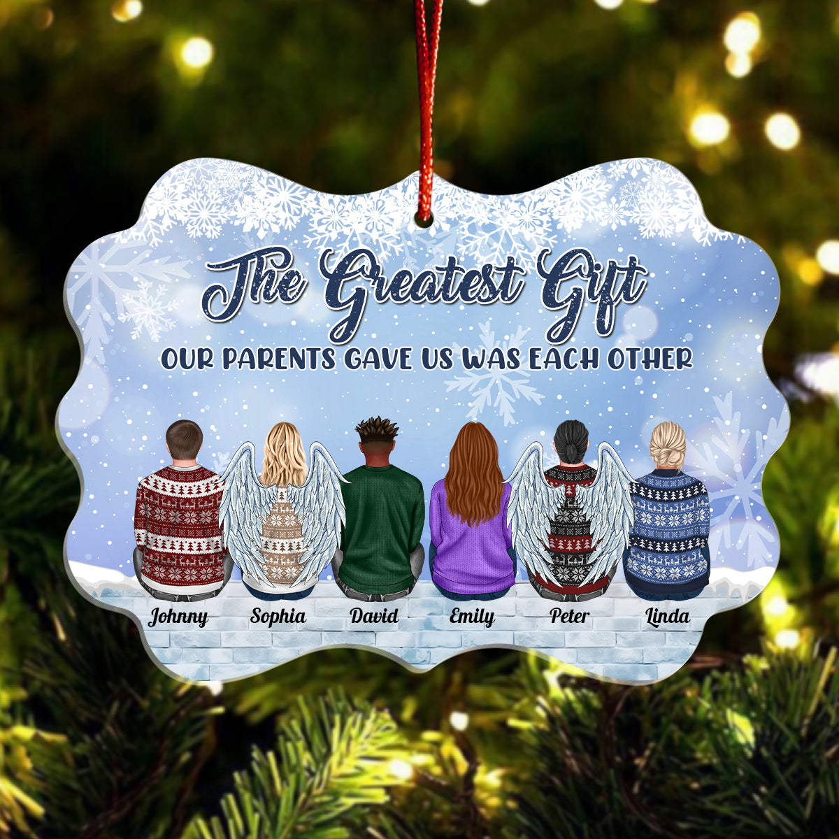 365Gifty personalized family ornament with six illustrated family members and winter snowflake background