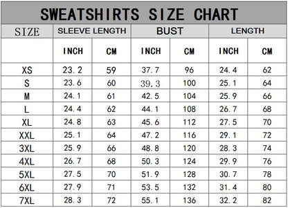 365Gifty sweatshirt size chart showing sleeve length bust and length in inches and centimeters
