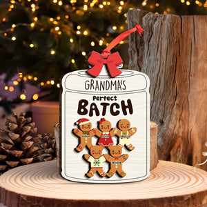 Personalized family wooden ornament featuring gingerbread figures in a jar labeled 'Grandma's Perfect Batch'