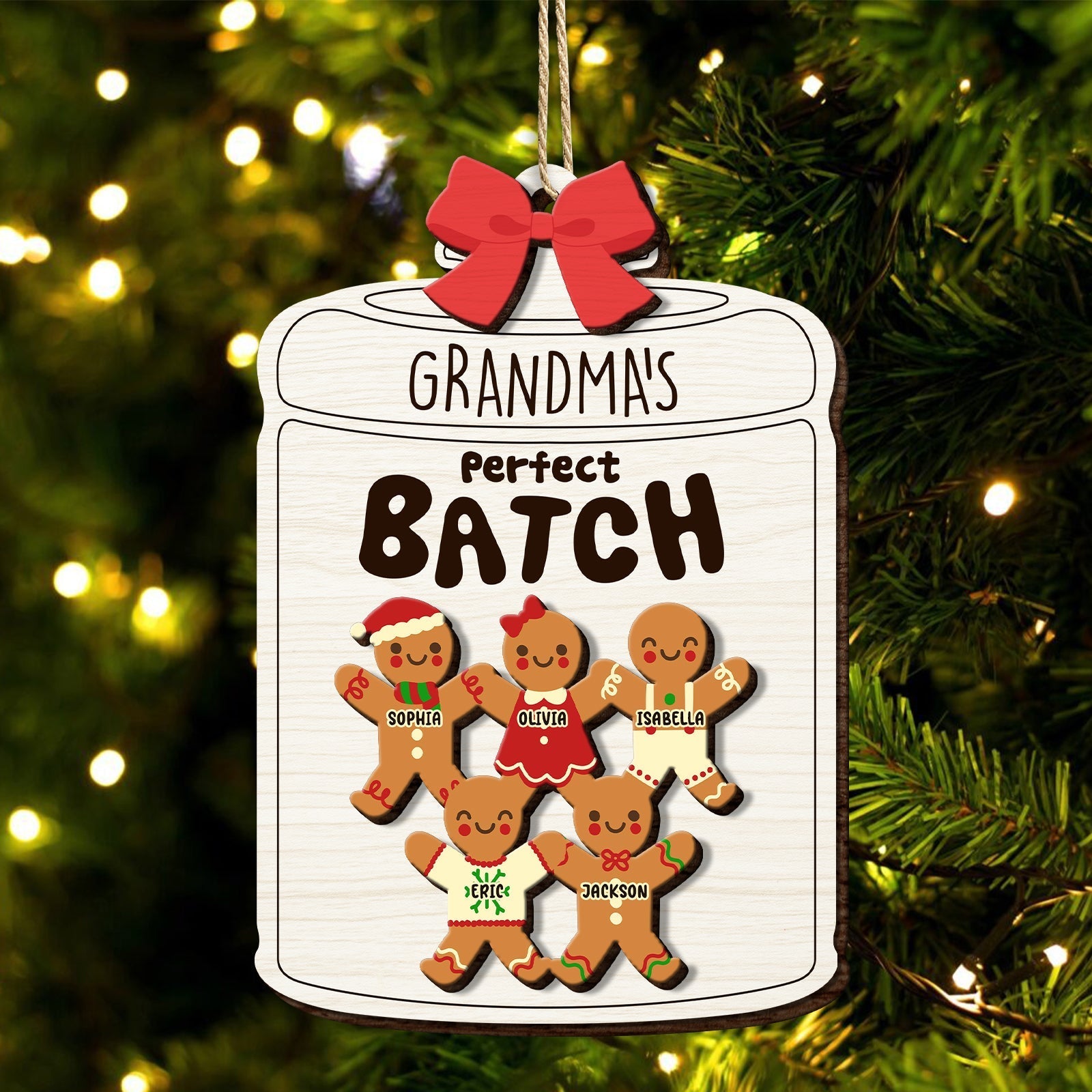 Personalized family wooden ornament featuring gingerbread characters with names for festive holiday decor