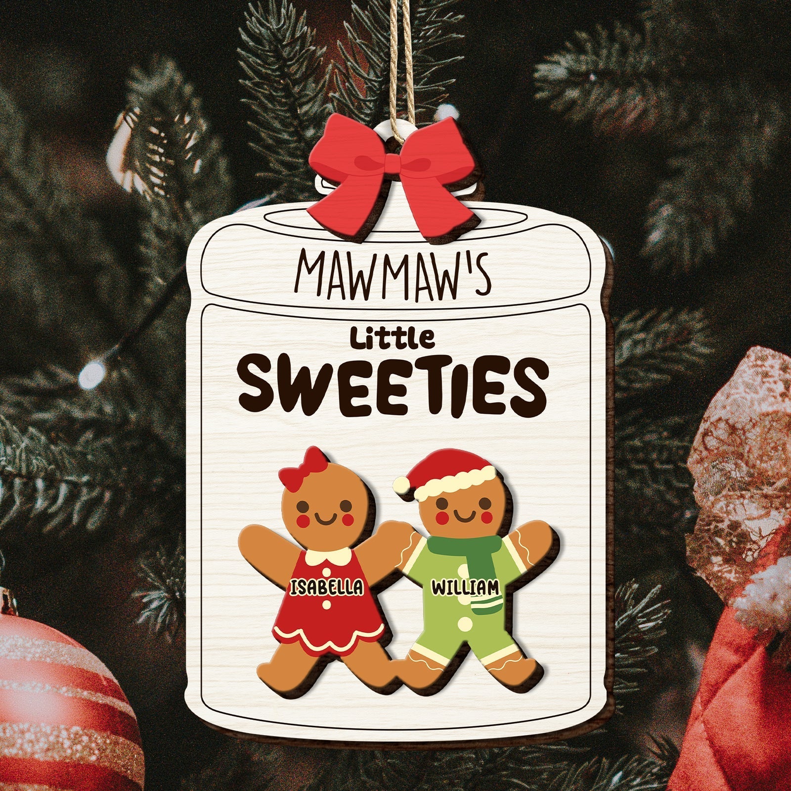 Personalized family wooden ornament featuring gingerbread characters Isabella and William for festive decor