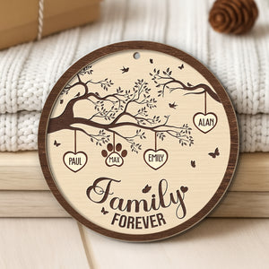 Personalized family wooden ornament featuring tree design with names Paul, Max, Emily, and Alan