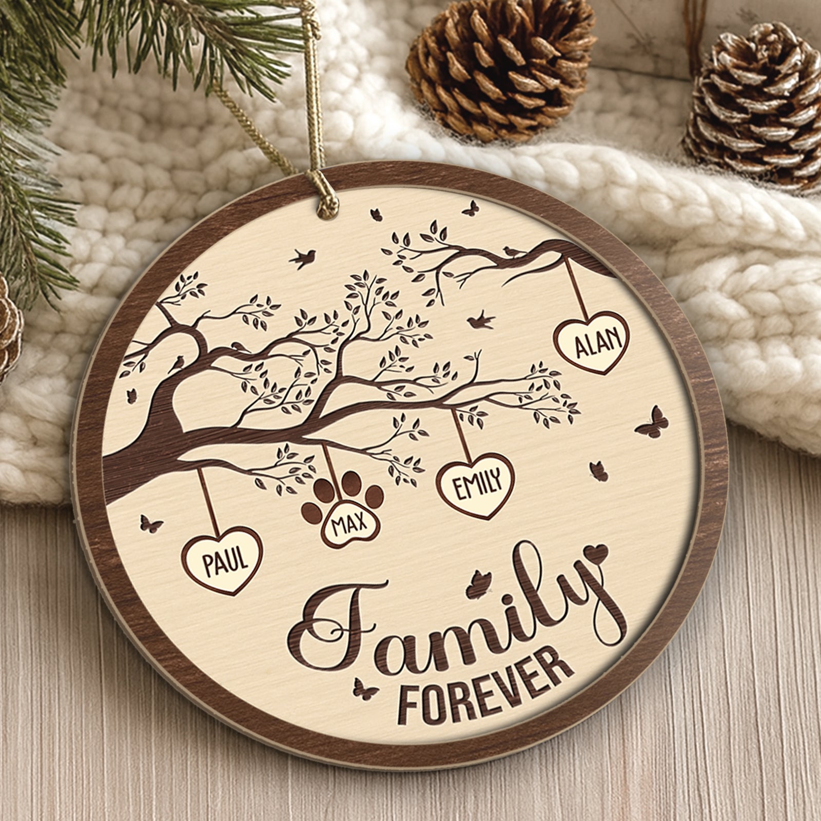 Personalized family wooden ornament featuring names and a tree design for home decor