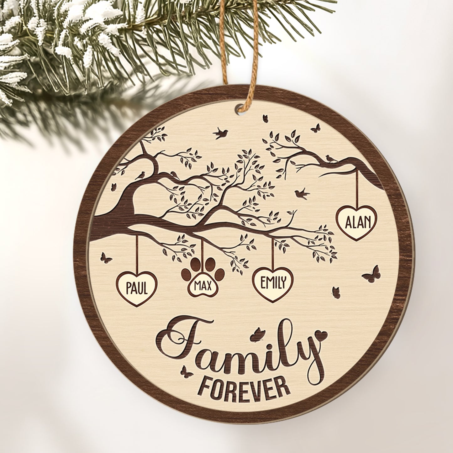 Personalized family wooden ornament featuring names and tree design, perfect for family celebrations