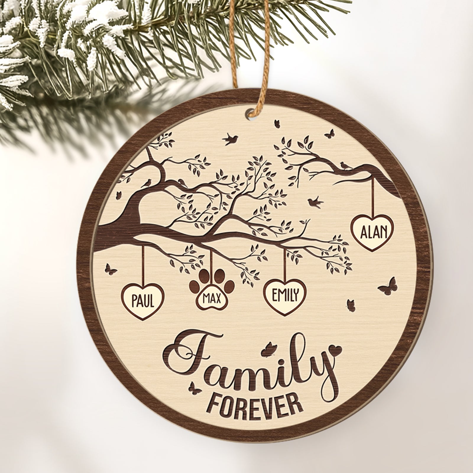Personalized family wooden ornament featuring names and tree design, perfect for family celebrations
