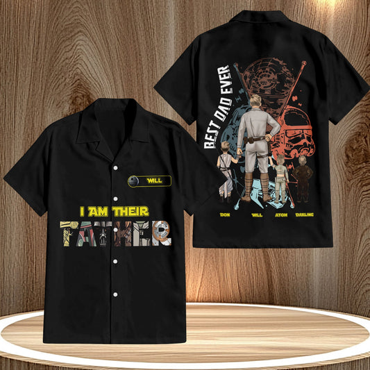 Black personalized father hawaiian shirt with Star Wars inspired design and text I am their father