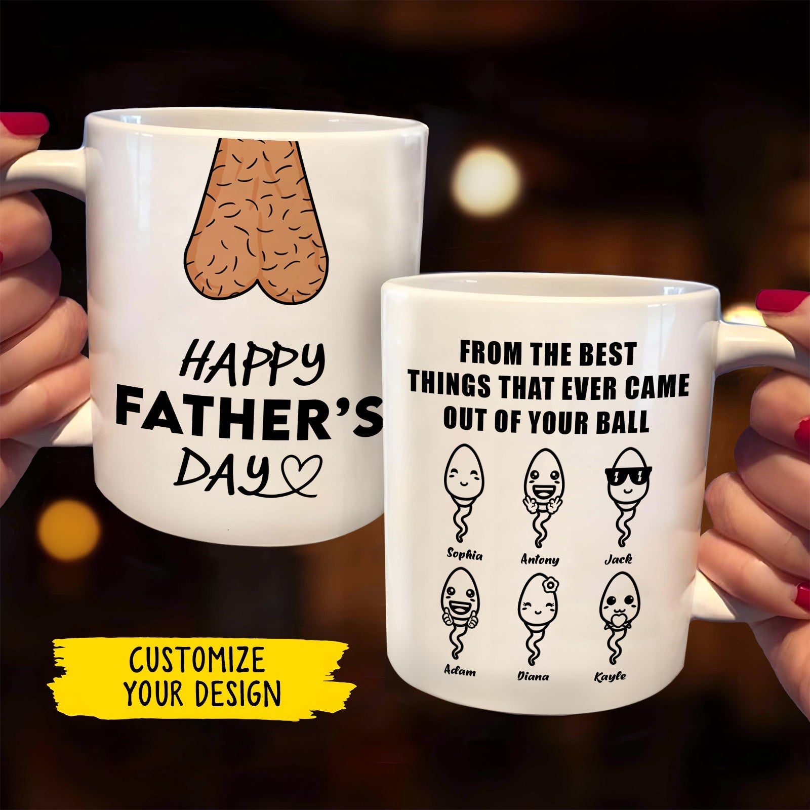 Personalized Father's Day mug featuring humorous sperm illustrations and a funny message for dads