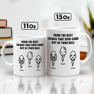 Personalized Father's Day mug featuring funny sperm illustrations and custom names for a unique gift