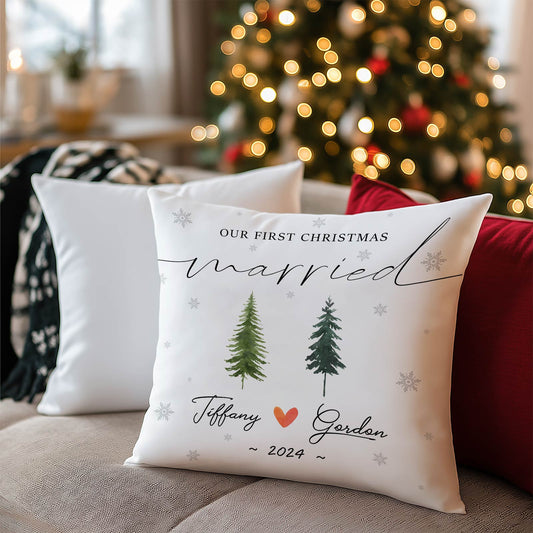 Personalized first Christmas married pillow with names Tiffany and Gordon and festive tree design