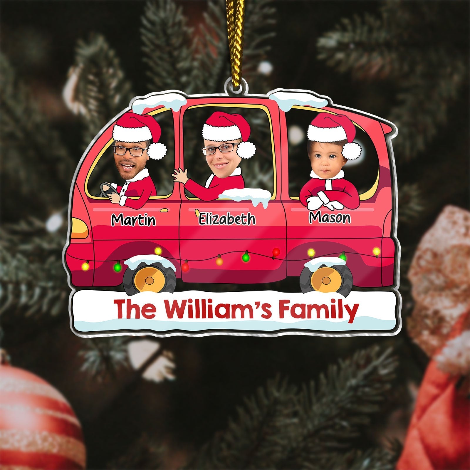 365Gifty personalized first Christmas ornament featuring a red car with family faces and names Martin Elizabeth Mason
