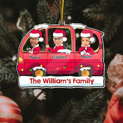 365Gifty personalized first Christmas ornament featuring a red car with family faces and names Martin Elizabeth Mason