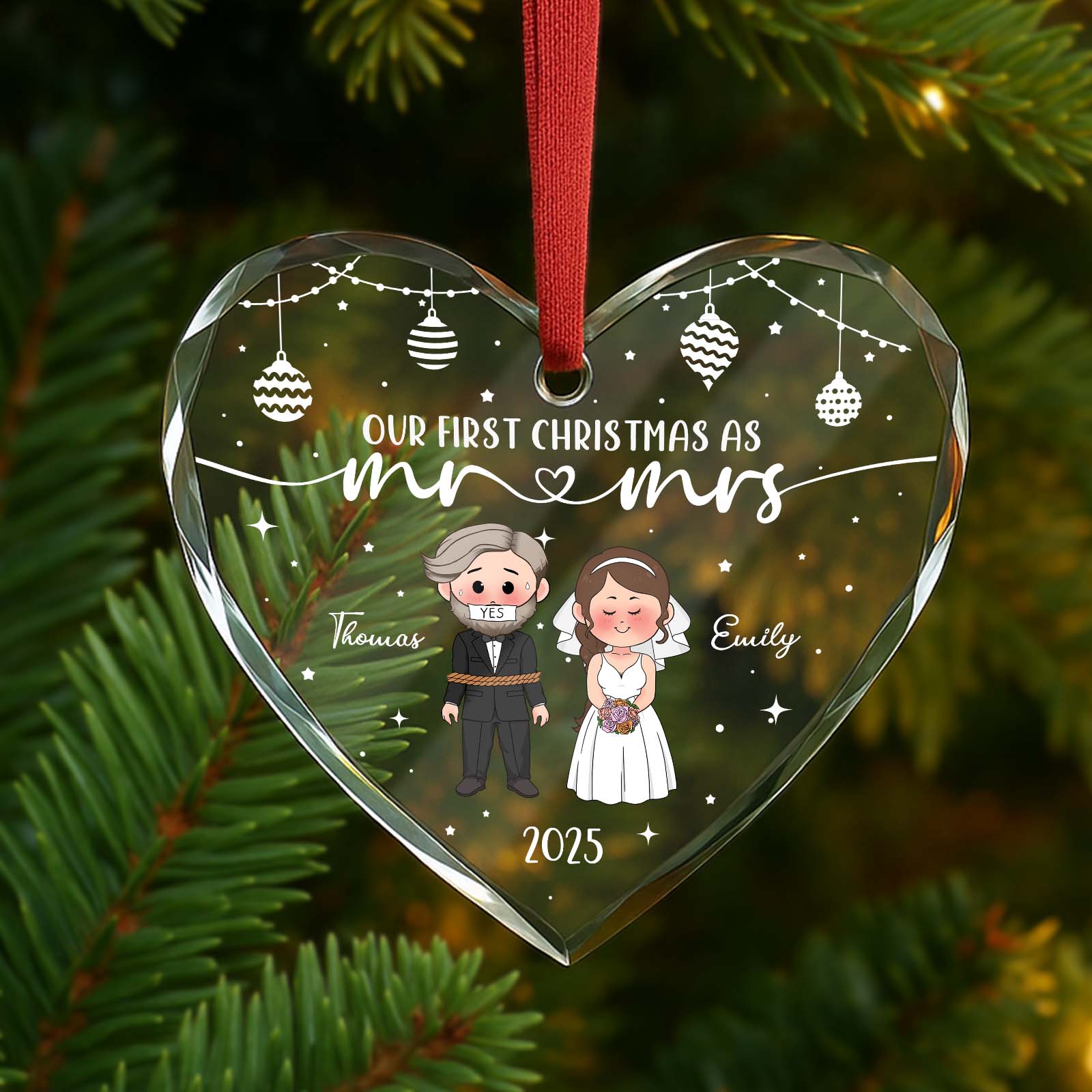 Personalized first Christmas ornament featuring a heart design with a bride and groom for newlyweds