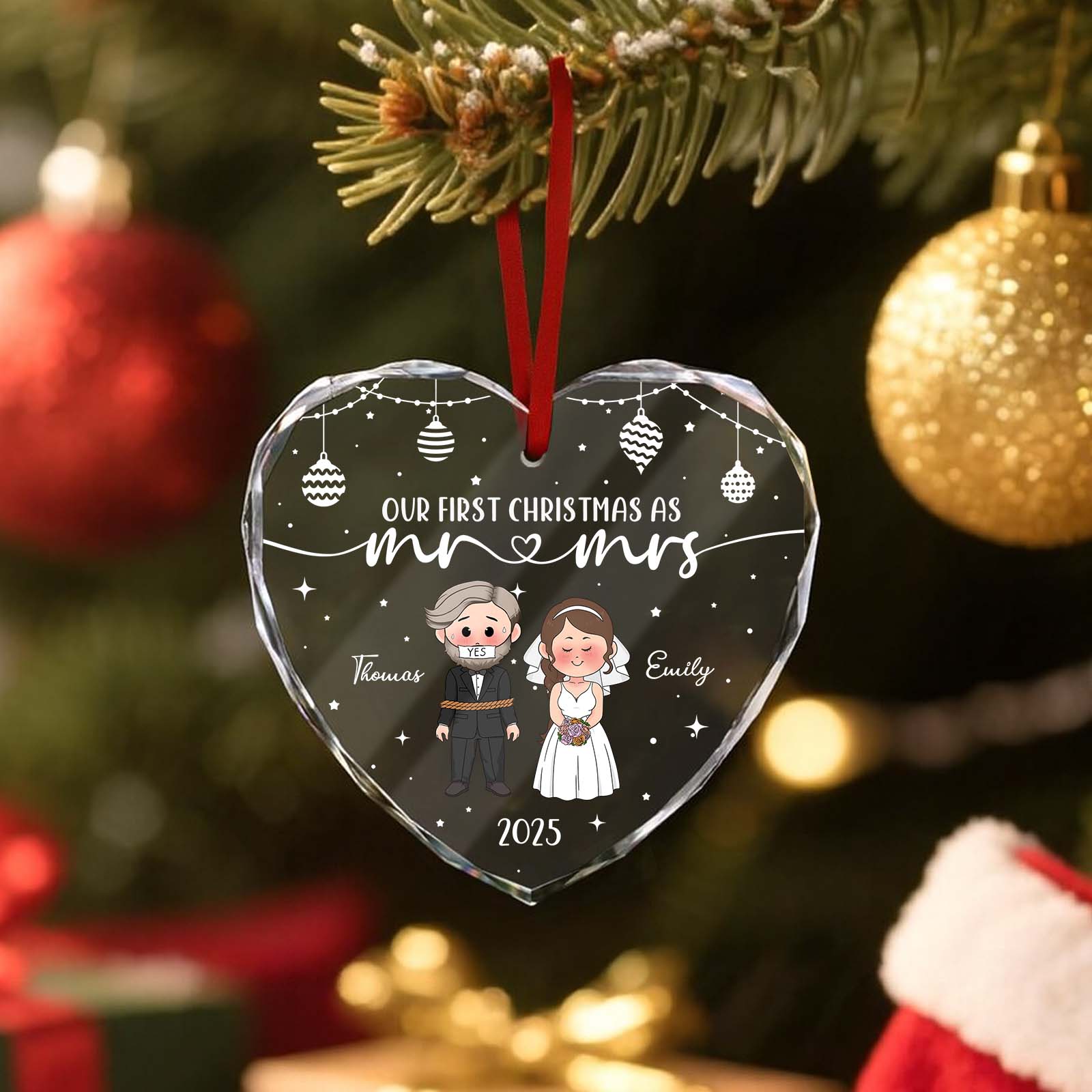 Personalized first Christmas ornament in heart shape featuring a couple with names Thomas and Emily